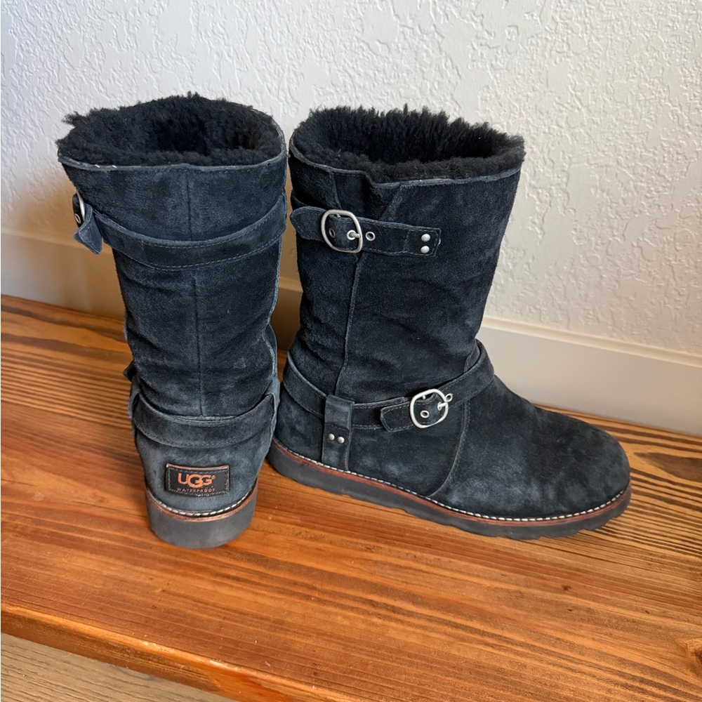 UGG Black Suede Shearling-Lined Buckle Mid-Calf Boots